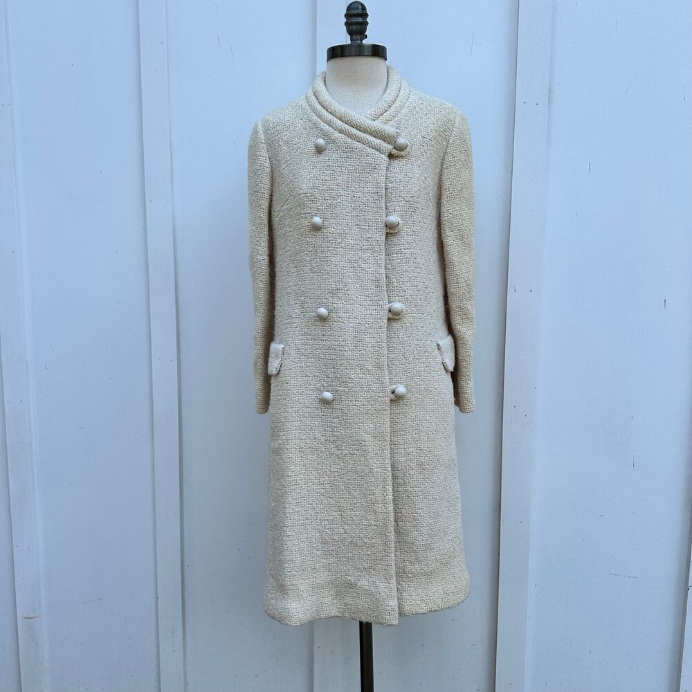 Vintage Woven Knit Ivory Jacket Women's Long Old Money Overcoat Small